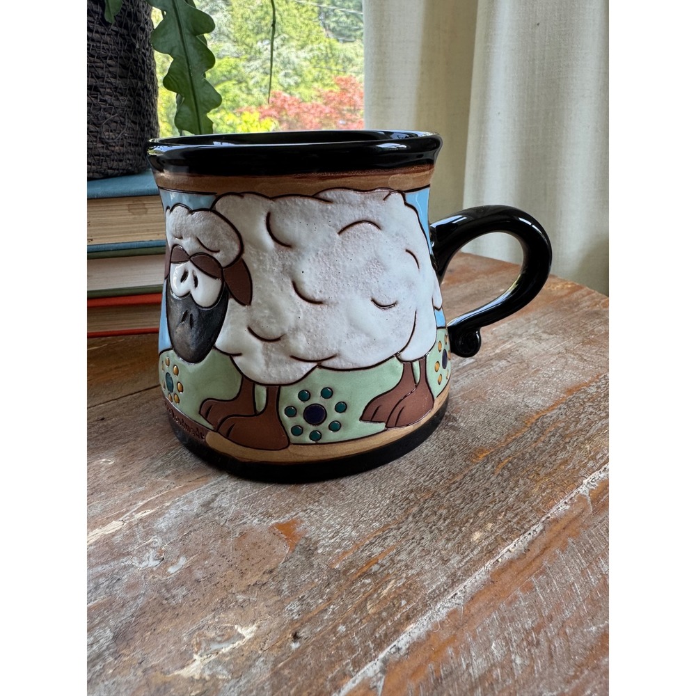 Gappa Handmade Ceramic Sheep Mug 3D Relief Textured Coffee Cup Black Glaze